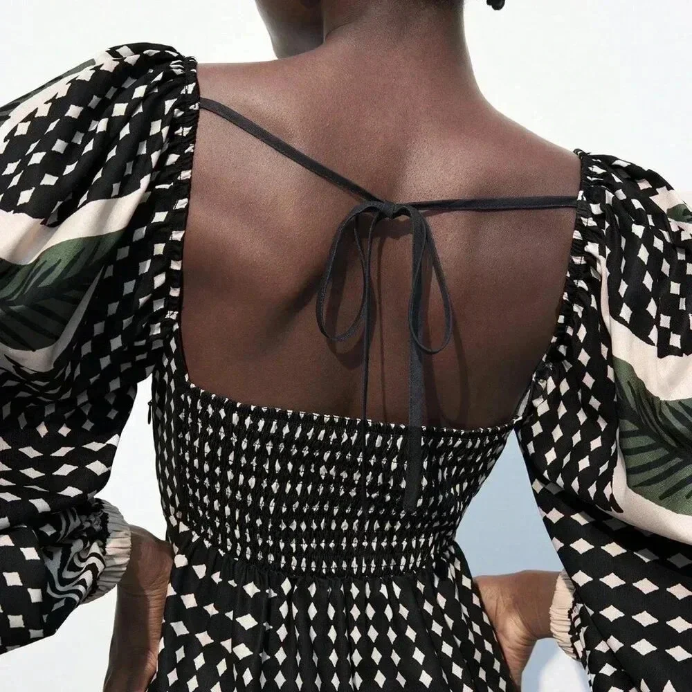 Black And White Boho Women's Floral Print Twist Hollow Out Casual Short Dress